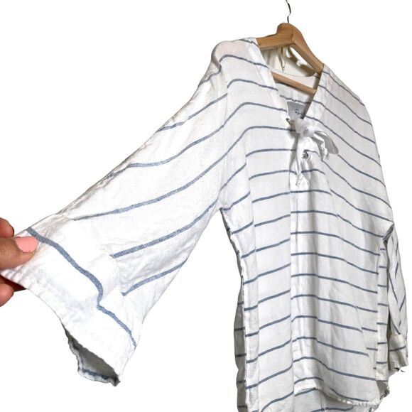 Rails Lily Positano Stripe Tunic Top XS Linen Rayon White Blue Oversized Tie - Picture 5 of 12